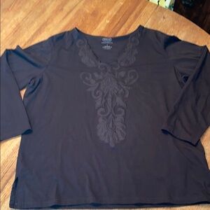 Chocolate brown, Embroidered Crew Neck 3/4 Sleeve Blouse